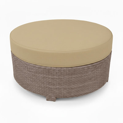 Universal Large Round Ottoman Outdoor Furniture with Seat Cushion, Stylish Patio Furniture in Oyster Flat Wicker and Sunbrella Fabric (34" L x 34" W x 18" H)