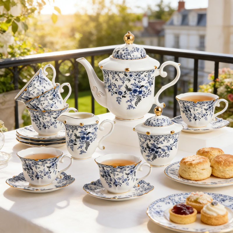 Vintage European Porcelain Tea Set For Adults, 21-Piece Bone China Service With Floral Design And Gold Trim For Elegant Tea Parties And Home Decor