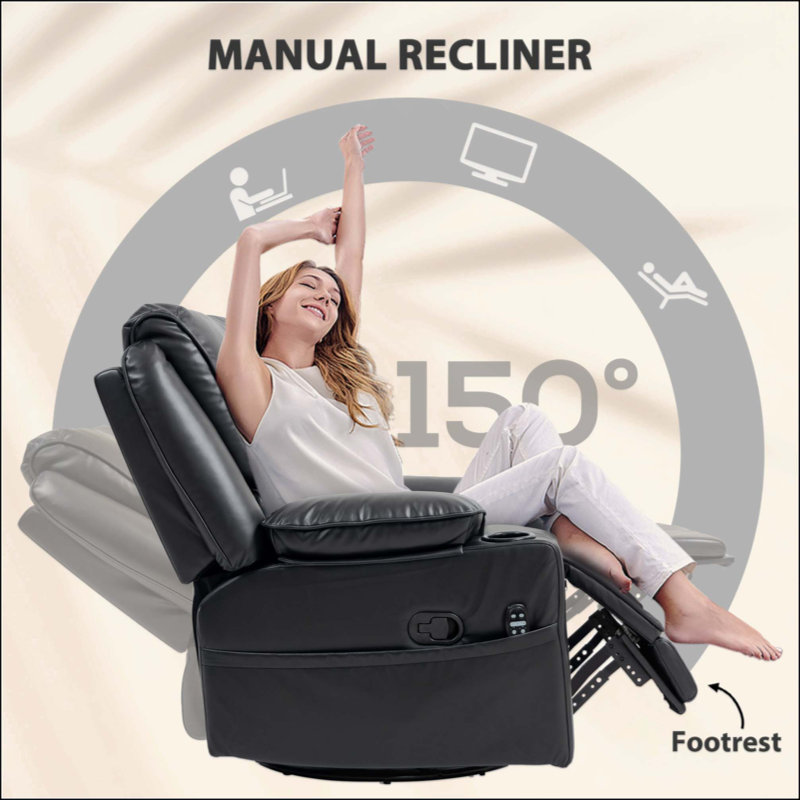 Fauteuil inclinable massant et pivotant à 360 ° avec pivotement inclinable - 8 points vibrants + 5 modes + chaleur lombaire, deux porte-gobelets et poches de rangement, télécommande + repose-pieds inclinable à 150 °, capacité de 298 lb