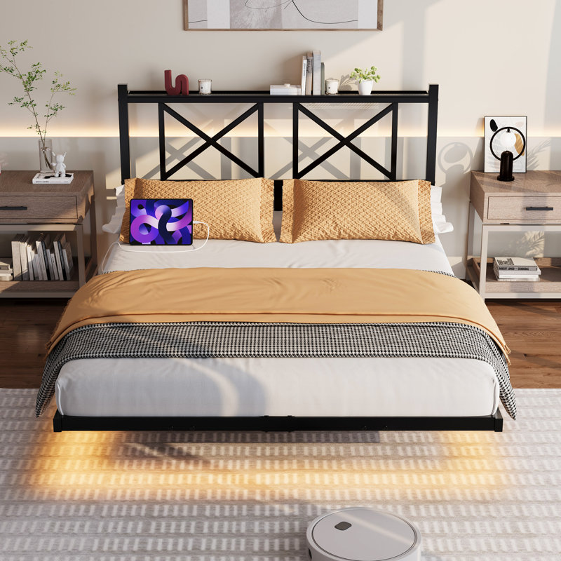 Base de lit flottante pleine grandeur avec tête de lit, rangement, charge USB et lumières DEL, lattes en acier robustes, assemblage facile