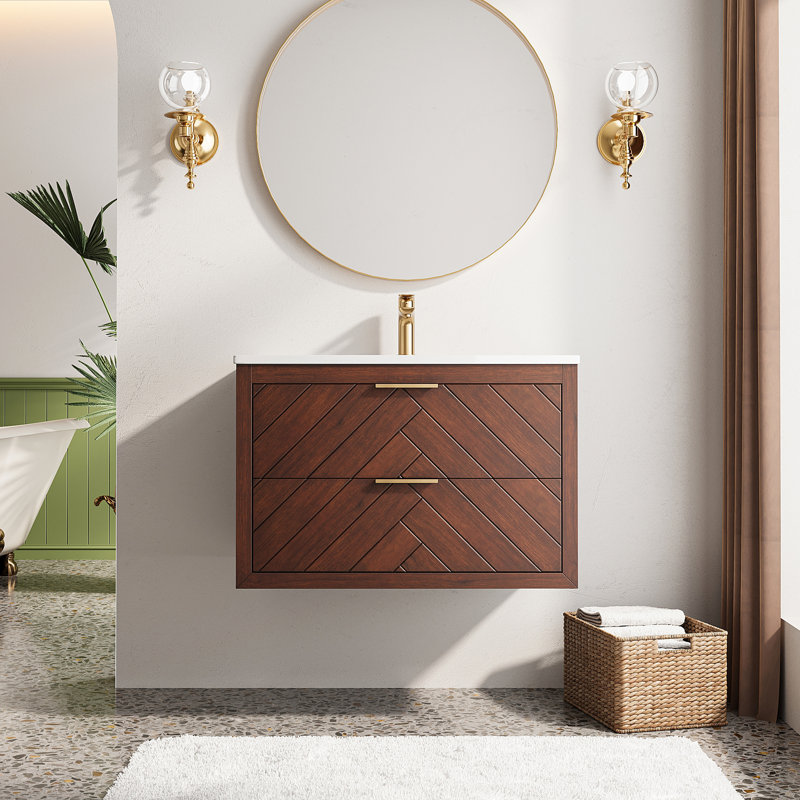 Meuble-lavabo flottant 30 po avec lavabo en céramique intégré, Noyer, 30"