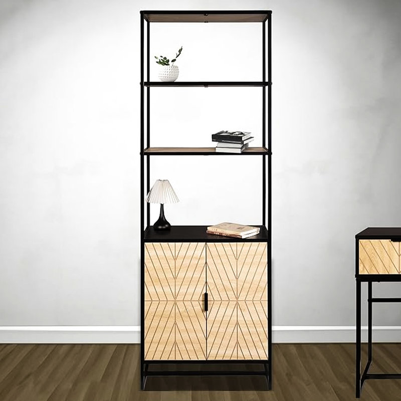 Étagère 6 livres Coastal Modern avec capacité de rangement, cadre en bois naturel noir, idéale pour l'aménagement de salon, tablette de L 24 po, rangement spacieux, bureau