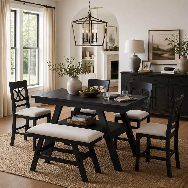Ensemble de table de salle à manger 6 pièces à hauteur de comptoir en bois avec tablette de rangement, ensemble de table de cuisine avec banc et 4 chaises, style rustique, espresso + coussin beige