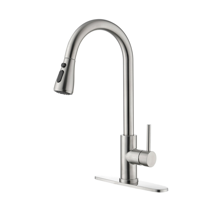 Robinet d'évier de cuisine à poignée simple avec douchette extractible, Nickel brossé