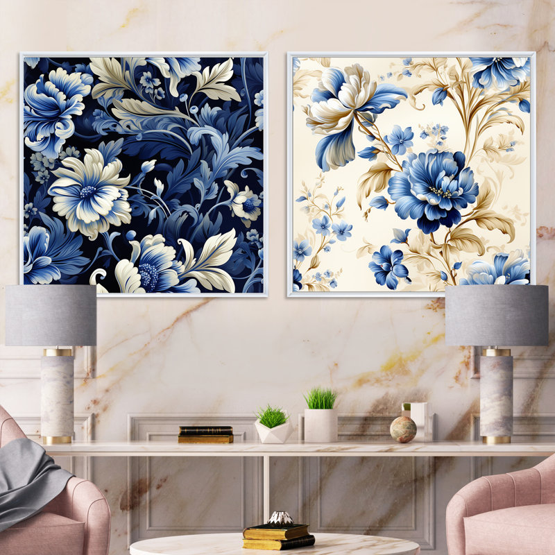 Motif victorien de coins victoriens bleu cobalt - ensemble de collage carré floral, Cadre flottant blanc, H 30 po x l 61 po