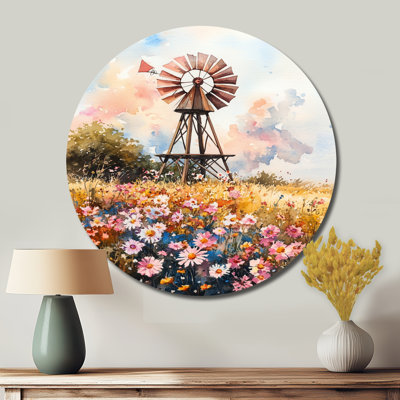 Country Windmill In Wildflower Field - Barn Farm Ranch Round Metal Wall Decor