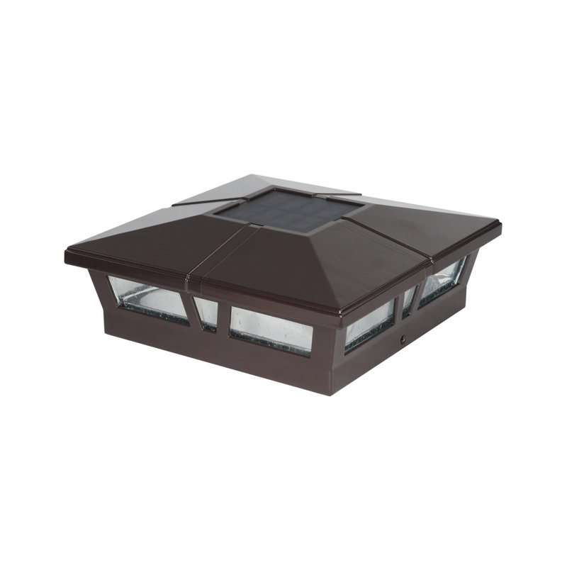 Cambridge Solar Powered Integrated LED Metal Fence Post Cap 6" x 6" with Base Adapter Included, Brown