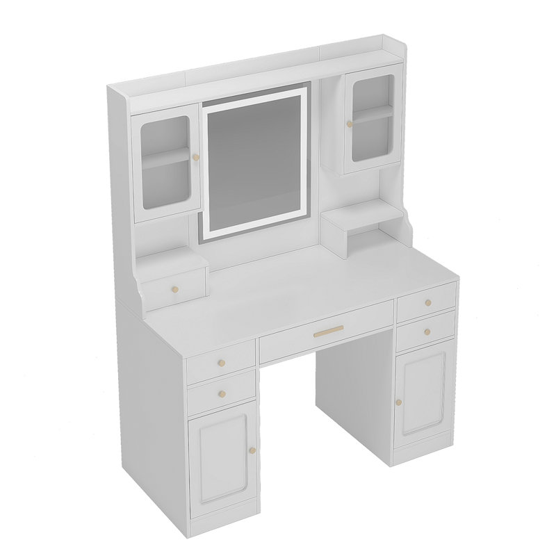 Grande coiffeuse avec miroir, 6 tiroirs et tablettes, bureau de commode