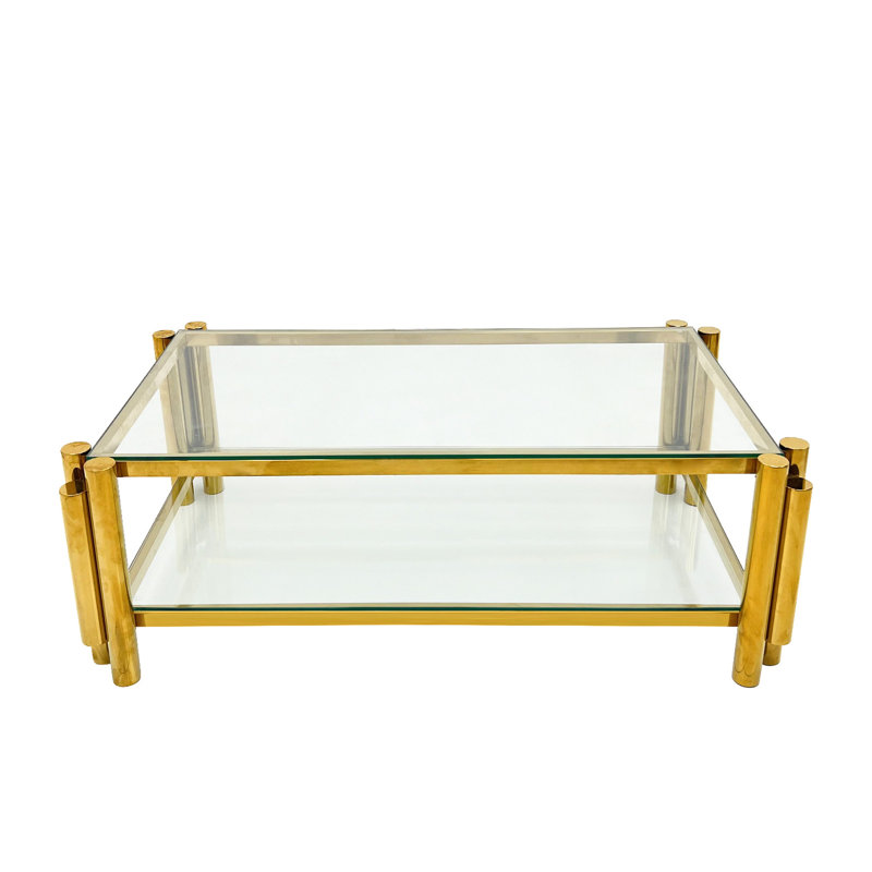 Table basse en verre trempé double couche, moderne, 47 po de largeur, acier inoxydable, or, pour le bureau à domicile, le rangement, facile à nettoyer