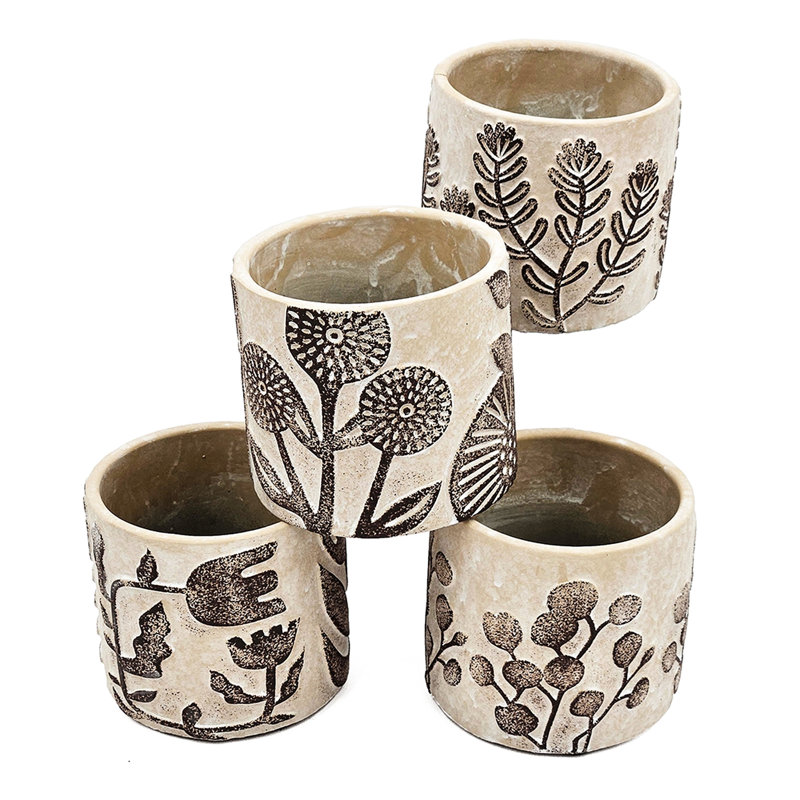 Of 4, Gray Sand - Cement Planters, Brown Botanical Designs, Home Decor And Planter Of 4.3X4.3X4 Inches, Elements For Room
