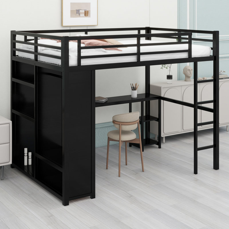 Structure de lit mezzanine en métal avec garde-robe intégrée, bureau et tablettes de rangement