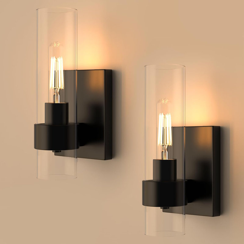 Ensemble de 2 lampes murales modernes pour salle de bain noir mat, abat-jour en verre transparent, base E26 pour salle de bain