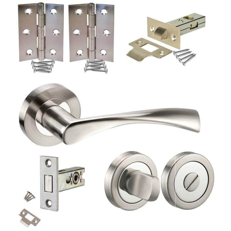 Golden Grace Astrid Design Modern Bathroom Door Handle Pack in Duo Chrome Finish with Deadbolt, Hinges & Tubular Latch