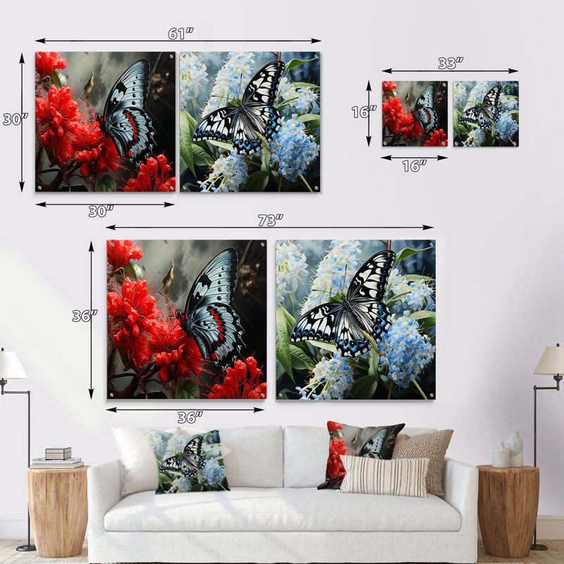 Papillon rose et noir Haven I - ensemble d'acrylique sur verre acrylique, H 36 po x l 73 po