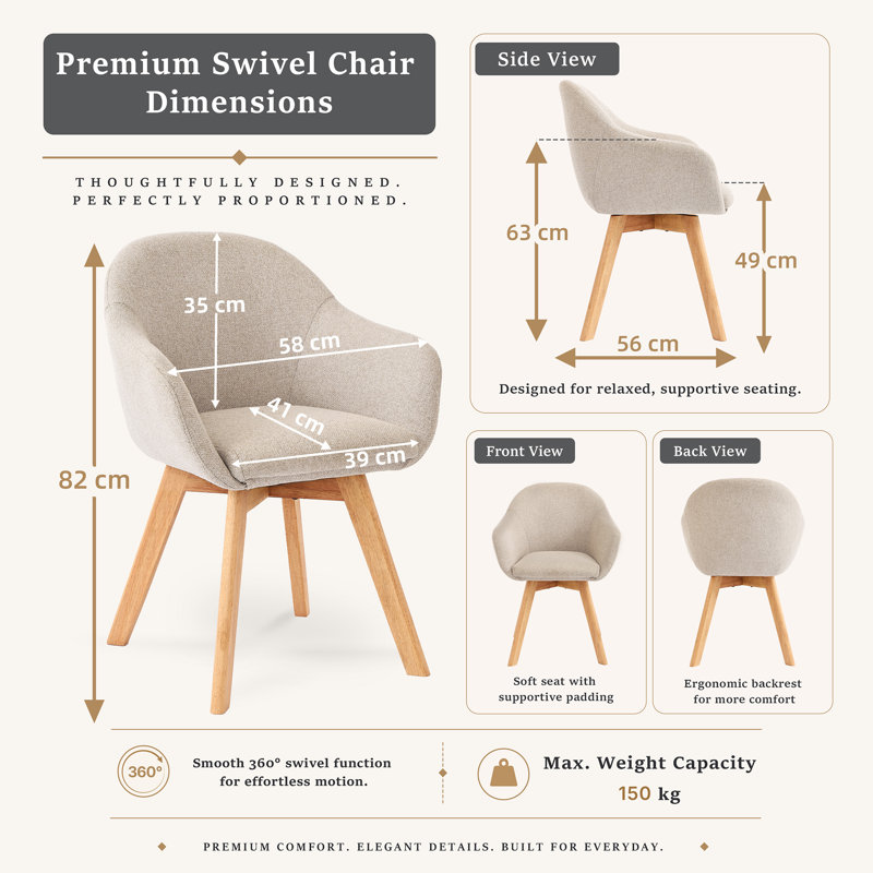 Upholstered Dining Chair, 49cm Seating Height , Beige, 2, Beige