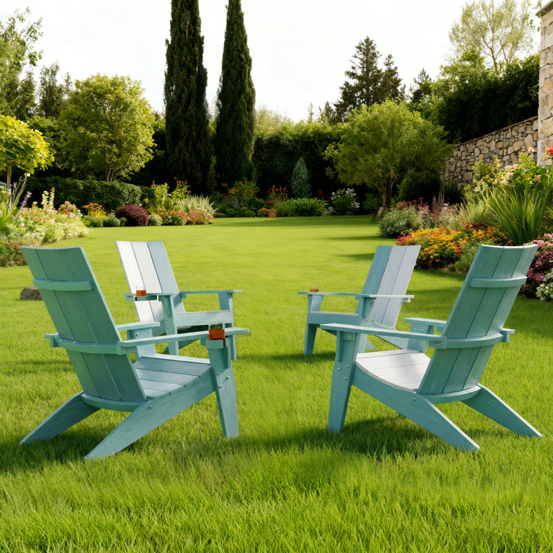 Ensemble de 4 chaises Adirondack résistantes aux intempéries avec porte-gobelets en plastique pour sièges d'extérieur, Bleu