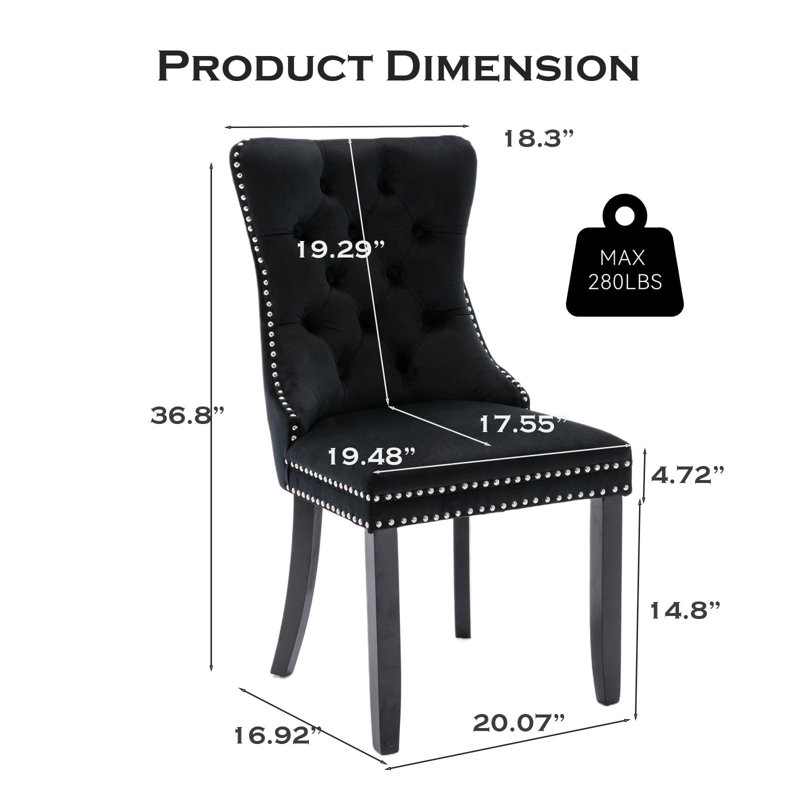 Chaise de salle à manger en velours avec anneau à dossier et pieds en bois massif, Noir, Noir, 2