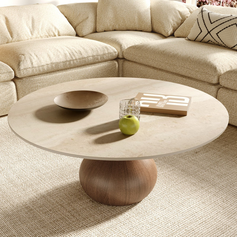 Table basse Jackline Living Mid-Century, H 18,23 po x L 35,43 po x l 35,43 po, Noyer foncé mat travertin miel, Travertin