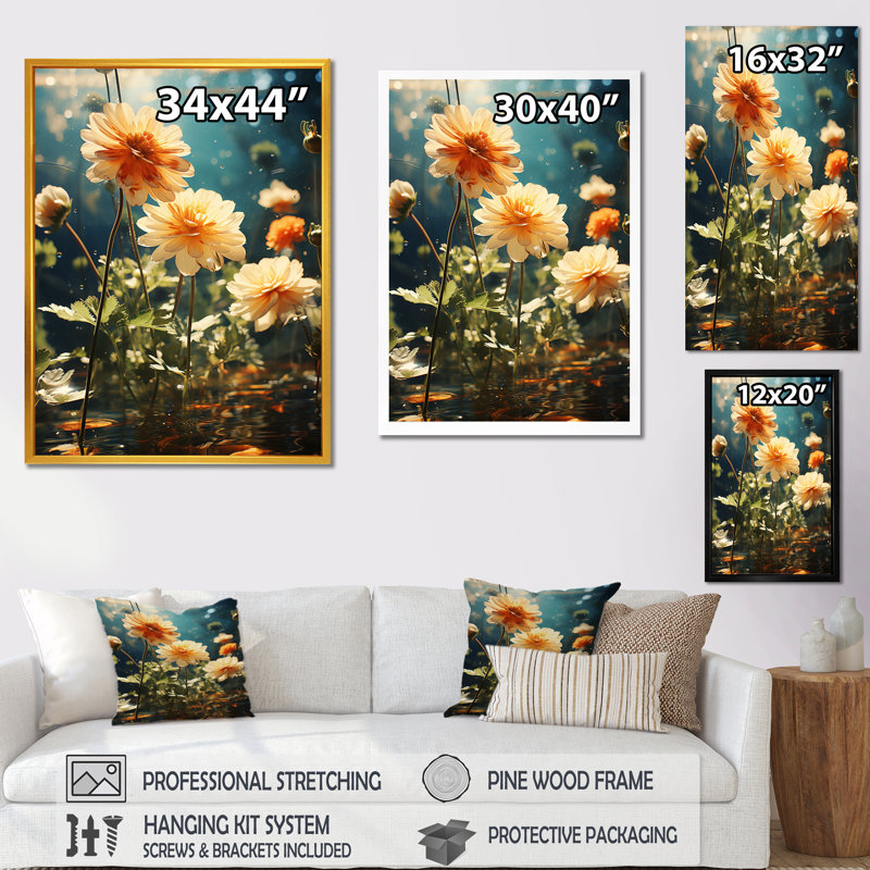 Fleurs de Zinnias jaunes et vertes II, Toile tendue, H 32 po x l 24 po x P 1 po