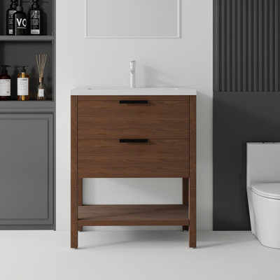 Meuble-lavabo autoportant de 30 po avec lavabo et tiroir à fermeture en douceur pour petites salles de bain