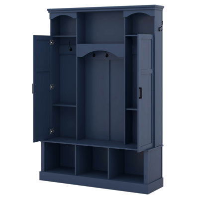 Hall Tree With Bench And Dual Side Cabinets, All-In-One Hall Tree With Adjustable Shelves, Entryway Organizer With 7 Hooks