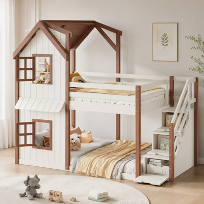 Lit superposé double au dessus d'un lit double avec escalier de rangement, lit superposé pour enfant avec toit et fenêtres, cadre de lit en bois massif avec espace inférieur multifonctionnel, beige et naturel