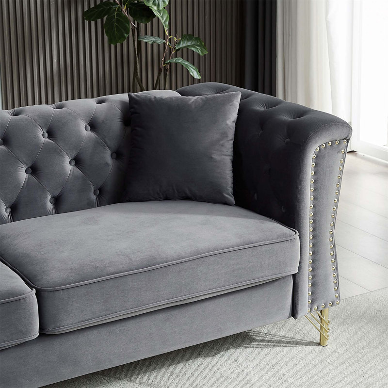 Velvet Sofa Tufted Couch, Grey, 29.5" H x 60.2" W x 31.8" D