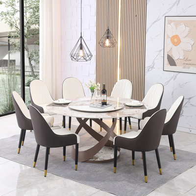 Table de salle à manger en pierre frittée de 59 po avec 8 chaises et centre de table pivotant de 31,5 po - Élégant, facile à nettoyer, élément rotatif rond exquis, spacieux, teint