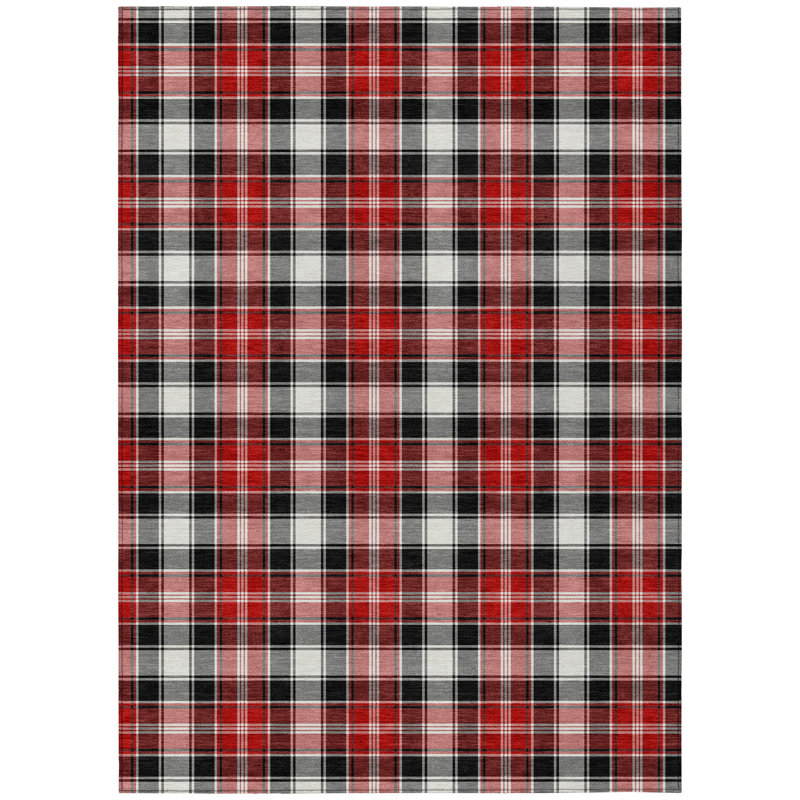 Black and Red Plaid Washable Synthetic Area Rug