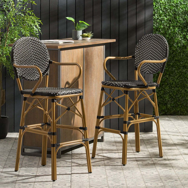 Ensemble de 2 tabourets de bar d'extérieur en osier et aluminium 29,5 po, finition bambou, Noir