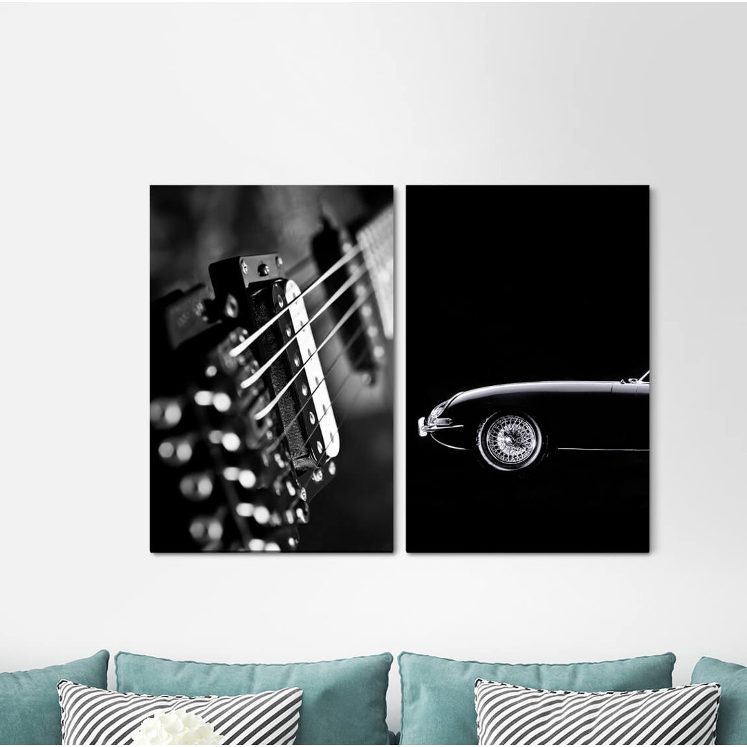 2-tlg. Leinwandbilder-Set - Fotografie „Black White Vintage Ferrari Guitar Music Supercar”