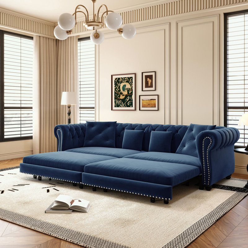 Canapé en velours avec repose-pieds mobile et design capitonné, Bleu