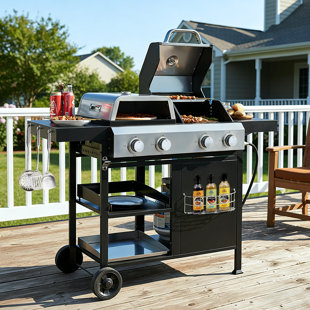 4-in-1 Stainless Steel Propane Gas Grill, 2+2 Multi-function Burner Gas Grill Griddle & Pizza Oven for Outdoor Cooking While Camping or Tailgating - BBQ,FRYING,PIZZA.