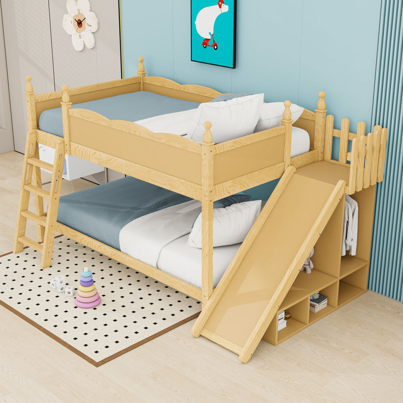 Lit superposé avec tablettes de rangement, glissoire et échelles, Beige
