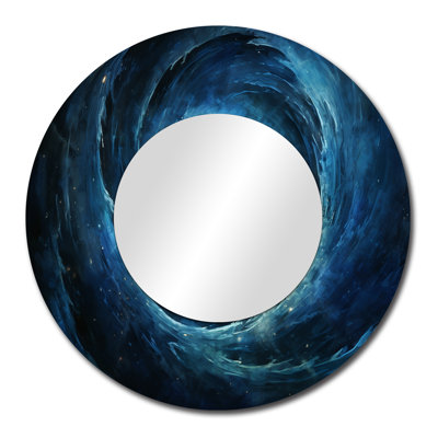 «Blue Swirl Wave Spiral V», décor de miroir mural unique à spirales abstraites, grand miroir rond bleu, impression d'art en métal