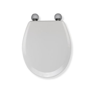 Como White Wooden Toilet Seat - Adjustable Hinges with Top & Bottom Fixings Included and Rust Free Chrome Plated Hinge Covers, Antibacterial Treated Surface (White Wood)