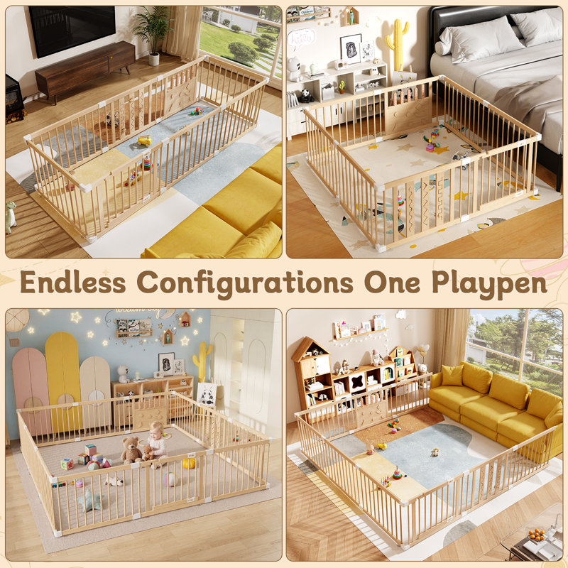 Natural Wood Baby Playpen, 12 Panels lay Yard, Door & Toys Easy to Assemble, Large Portable Play Pen for Babies and Toddlers, Infant Play Pen Play, Made of Natural Pine Wood