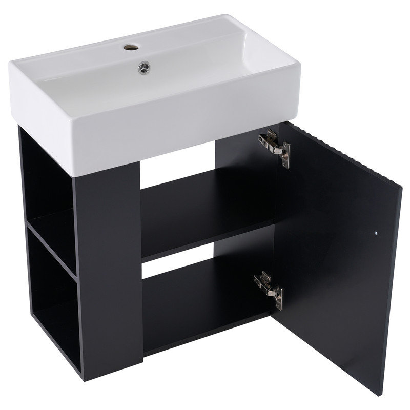 21.6 inch Modern Floating Bathroom Vanity with Ceramic Basin - Perfect for Small Bathrooms, Left side storage, Black