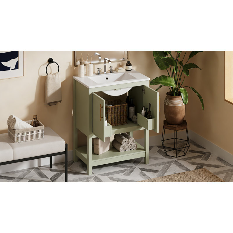 30-Inch Bathroom Vanity with Ceramic Sink and Versatile Storage - Ideal for Small Bathrooms, Green