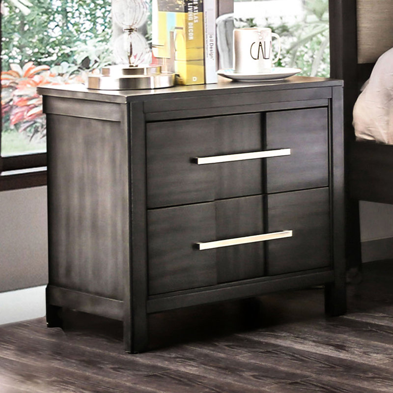 Table de chevet grise 1Pc de style transitionnel, 2 tiroirs, plateau doublé de feutre, poignée en bois massif et barre de nickel pour table de chevet décorative contemporaine