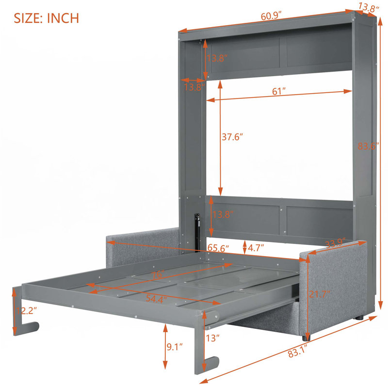 Lit escamotable avec canapé Murphy, Full, Gris