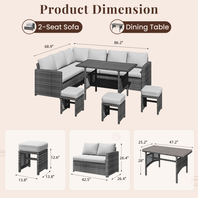 Hinesville 7 Piece Rattan Lounge Dining with Cushions, Grey Frame/Light Grey Cushion