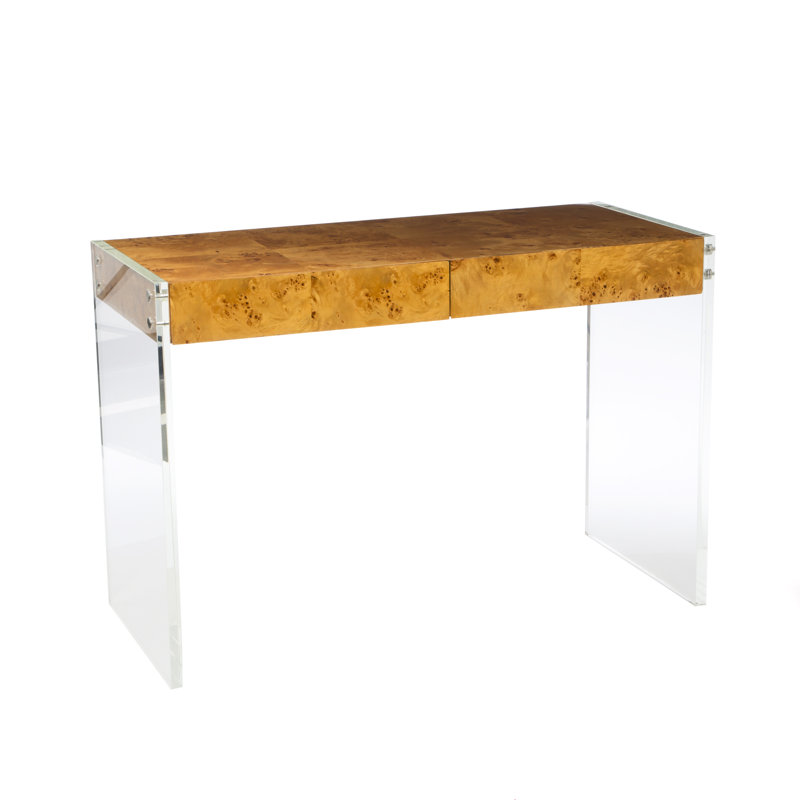 Burled Mappa Wood Desk with Acrylic Legs and Drawer