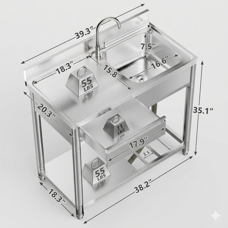Fabrication en acier inoxydable de qualité 304 pour un évier utilitaire extérieur, comprenant une surface de travail et une tablette de rangement intégrée. Cette table de préparation autonome comprend un tiroir positionné sur le côté gauche