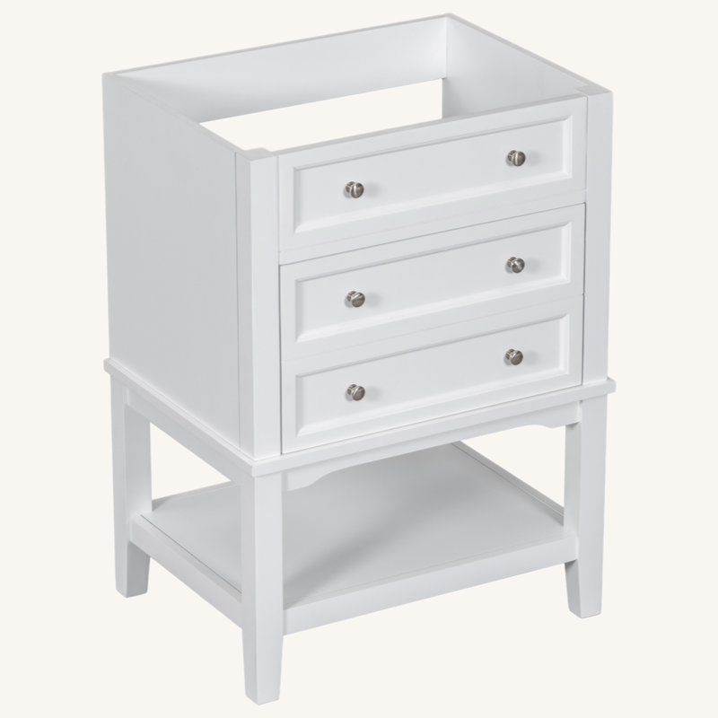 Meuble-lavabo 24 po sans lavabo, base seulement, structure en bois massif, armoire de rangement avec tiroir et tablette ouverte, blanc
