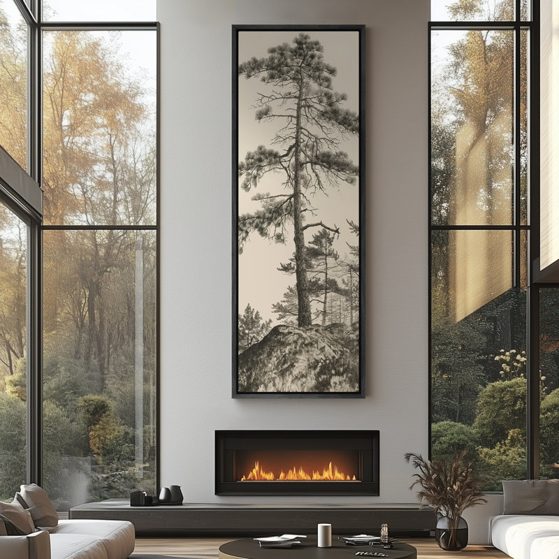 Vintage Pine Tree Drawing Classic Country Rustic Artwork - Extra Large Framed Wall Art Canvas Print, 60" H x 20" W, Black