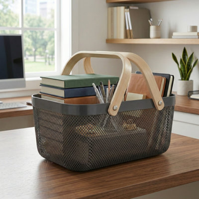  Large Mesh Plastic Storage Basket with Wooden Handle Charcoal