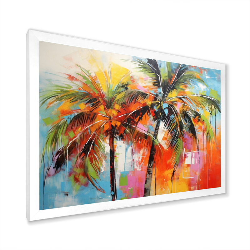 «Popart Palm Trees I», reproduction d'art sur toile Palm Trees, Cadre simple blanc, H 12 po x l 20 po x P 1 po