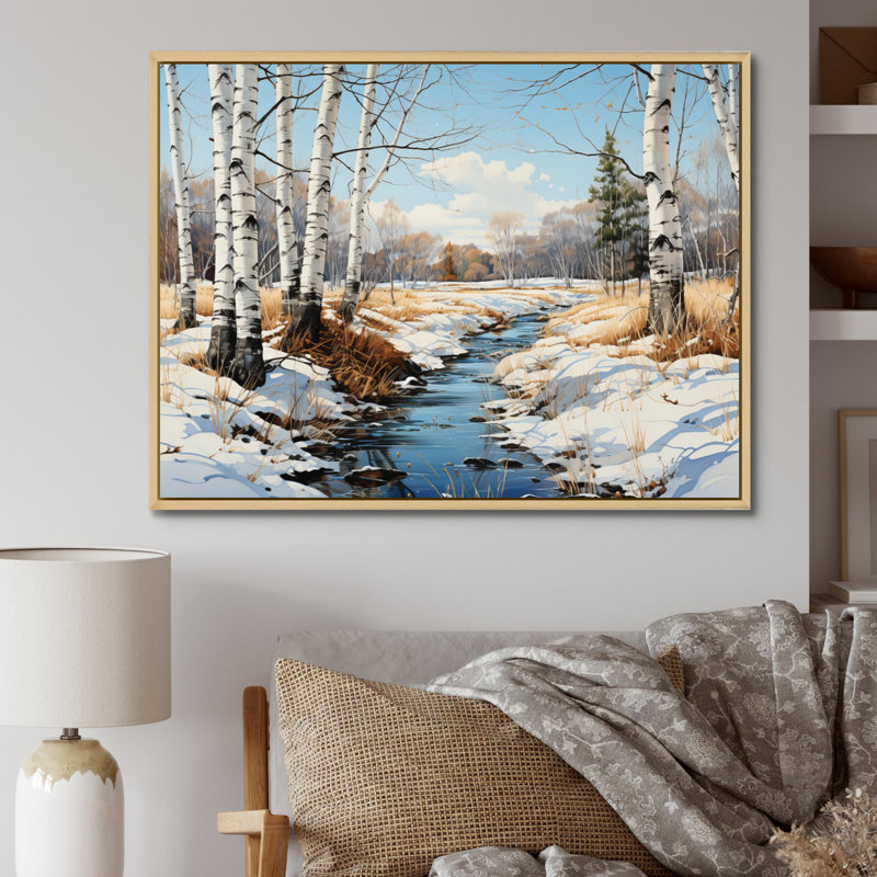 Birch Woods Winter Whispers II, reproduction d'art sur toile, Cadre naturel flottant, H 30 po x l 40 po x P 1,5 po