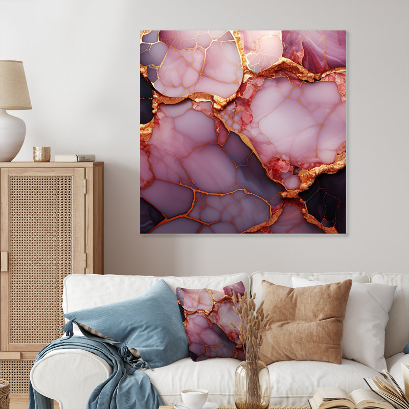 Or et marbre rose Essence I - décoration murale en marbre, H 16 po x l 16 po